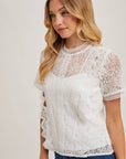 Mock Neck Button Back Lace Top With Lining
