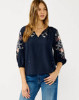 Floral Embroidered Split Neck Blouse