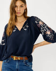 Floral Embroidered Split Neck Blouse