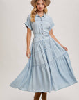 Button Front Short Sleeved Tiered Maxi Dress