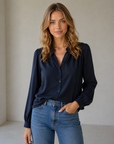 Dark Navy Satin-Finish Blouse