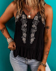 Black Floral Embroidery Ruffled Spaghetti Straps Tank Top