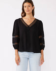 V-Neck Long Sleeve Blouse with Diamond Lace Trim