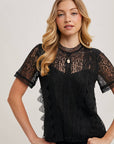 Mock Neck Button Back Lace Top With Lining