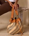Rattan Sling Bag - Brown Diagonal Stripe Pattern