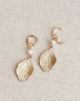 Matte Gold Pearl Leaf Drop Earrings