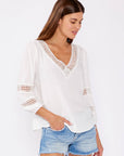 V-Neck Long Sleeve Blouse with Diamond Lace Trim