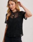 Mock Neck Button Back Lace Top With Lining