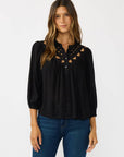 Embroidered Cutout Yoke Button Down Blouse