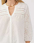 3/4 Sleeve Cotton Clip Dot Button-Down Blouse