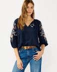 Floral Embroidered Split Neck Blouse