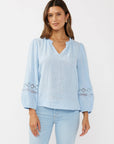 V-Neck Cotton Gauze Blouse with Lace Trim