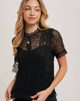 Mock Neck Button Back Lace Top With Lining