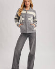 FAIR ISLE FUZZY KNIT FRONT ZIPPER CARDIGAN