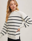 STRIPED SIDE SLIT KNIT SWEATER PULLOVER
