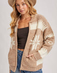 FAIR ISLE FUZZY KNIT FRONT ZIPPER CARDIGAN