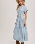 Button Front Short Sleeved Tiered Maxi Dress