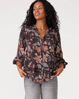 Floral 3/4 Sleeve Tie Neck Button Down Blouse