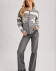 FAIR ISLE FUZZY KNIT FRONT ZIPPER CARDIGAN