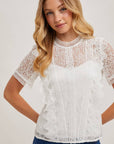 Mock Neck Button Back Lace Top With Lining
