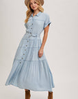Button Front Short Sleeved Tiered Maxi Dress