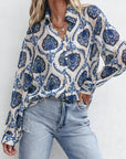 Blue Tribal Pattern Buttoned Front Loose Shirt