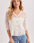 Sheer Embroidered Mesh Button Down Hem Blouse