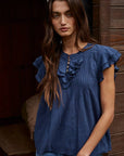 Woven Cotton Linen Button V-Neck Short Sleeve Top
