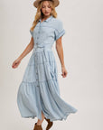 Button Front Short Sleeved Tiered Maxi Dress