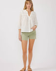 3/4 Sleeve Cotton Clip Dot Button-Down Blouse