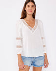 V-Neck Long Sleeve Blouse with Diamond Lace Trim