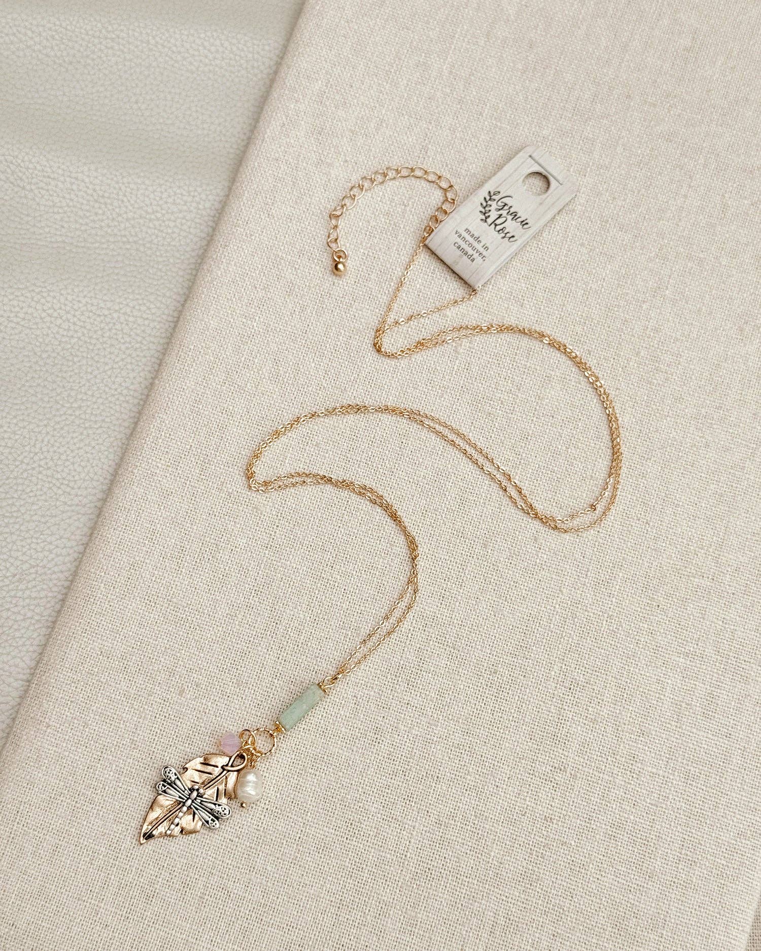 Gold Dragonfly Amazonite &amp; Crystal Pendant Necklace