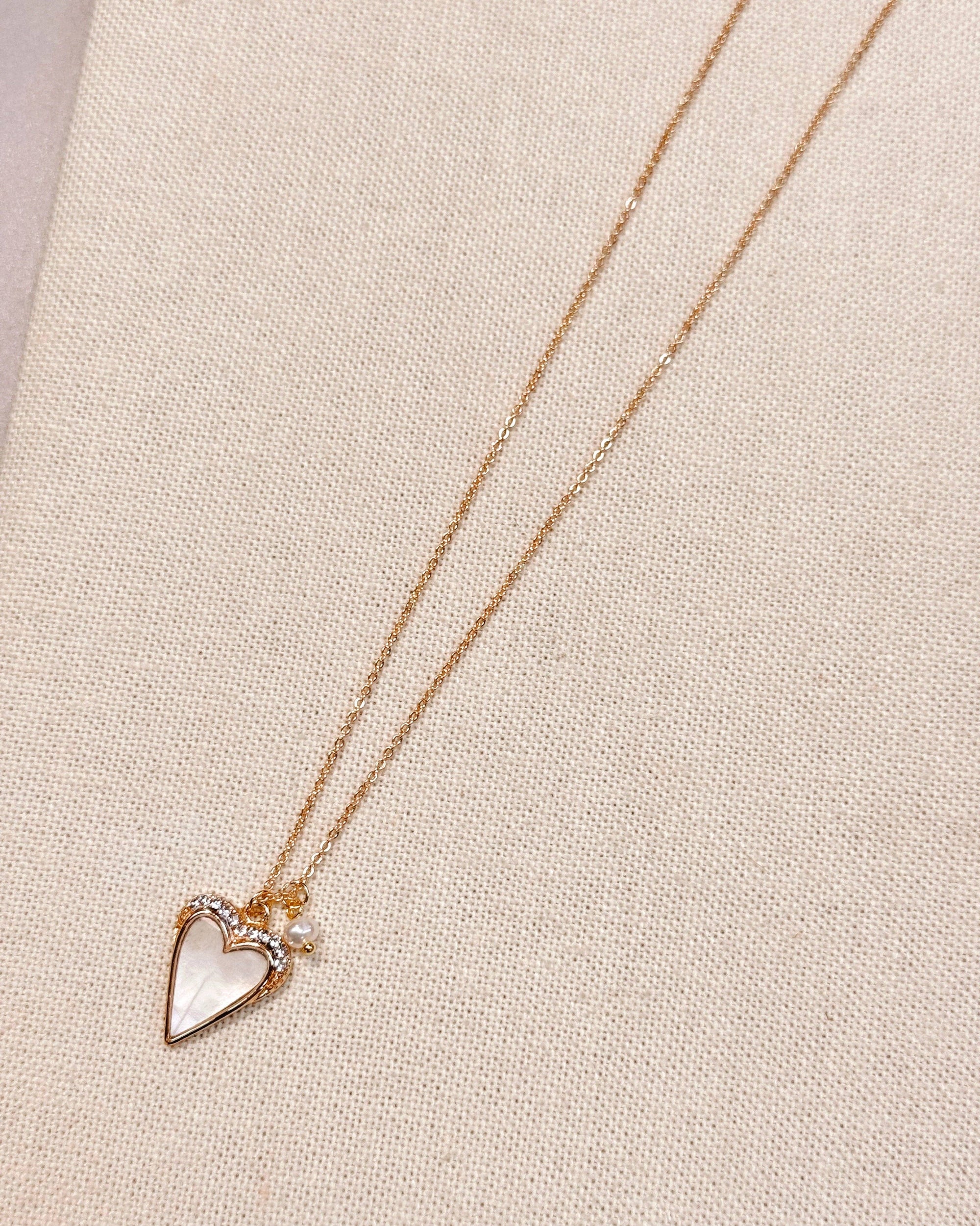 Mother of Pearl Rhinestone Heart Outline Necklace