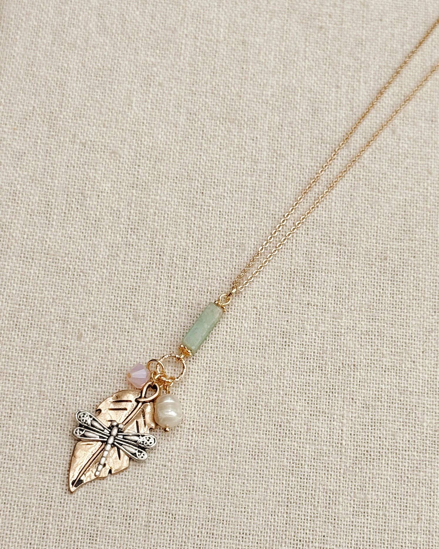 Gold Dragonfly Amazonite &amp; Crystal Pendant Necklace