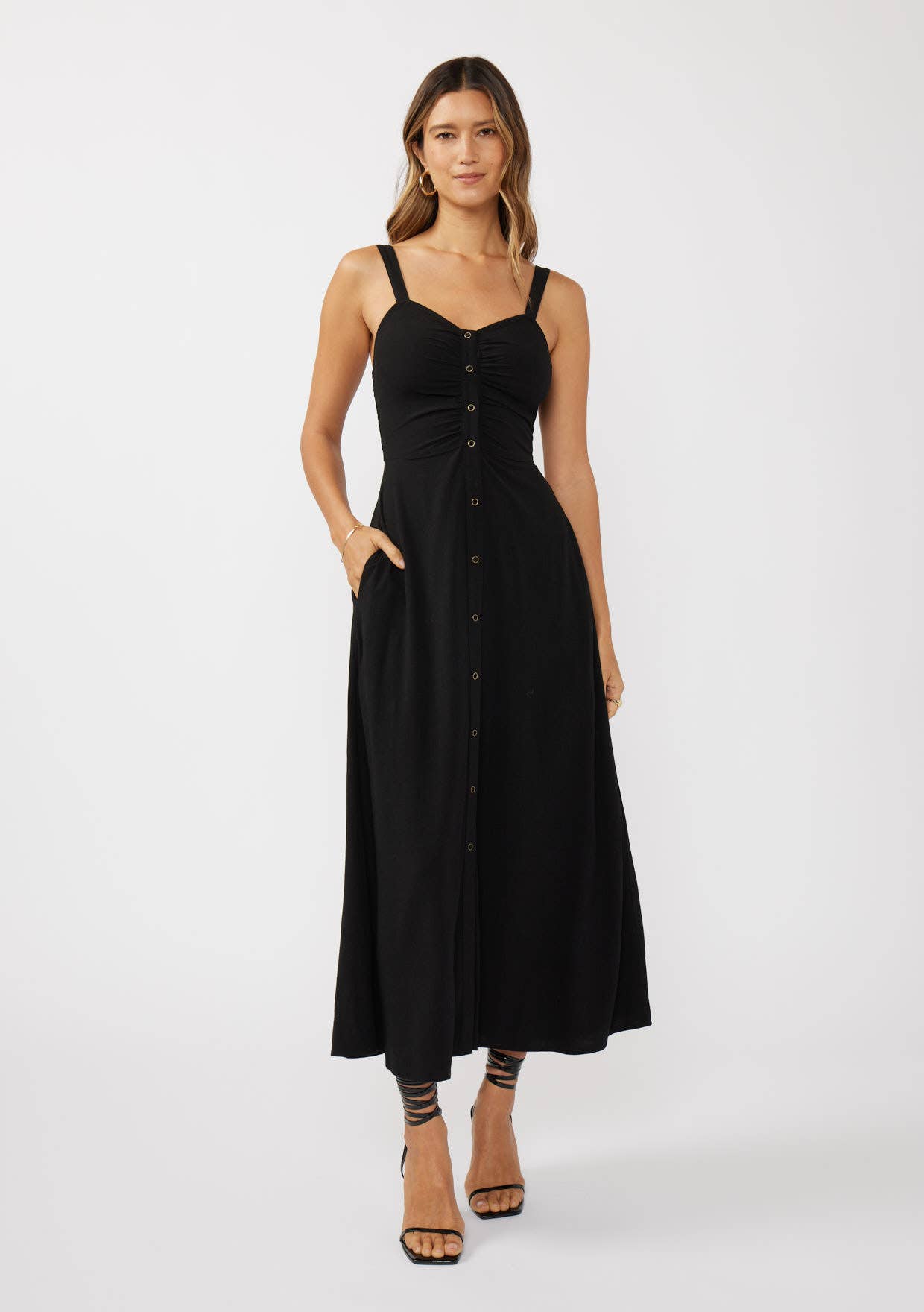 V-Neck Ruched Button Down Maxi Dress
