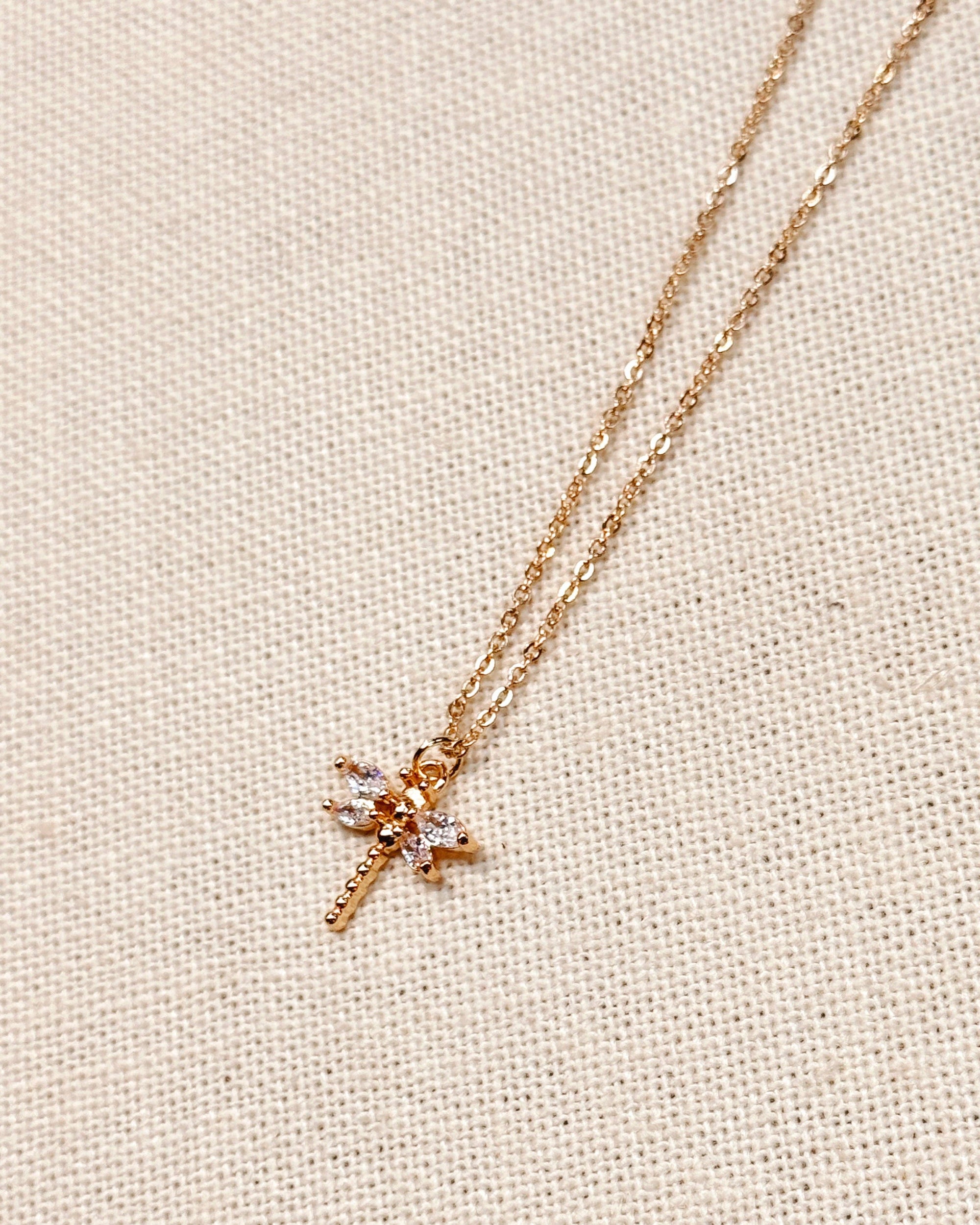 CZ Mini Dragonfly Charm Necklace Gold