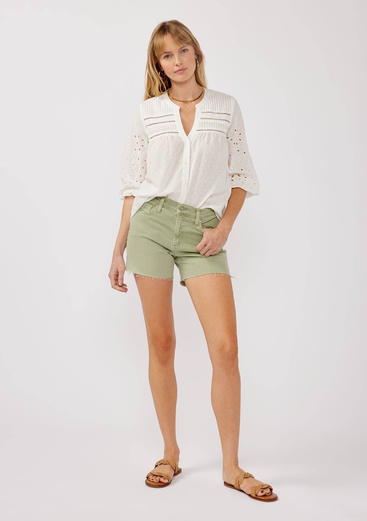 3/4 Sleeve Cotton Clip Dot Button-Down Blouse