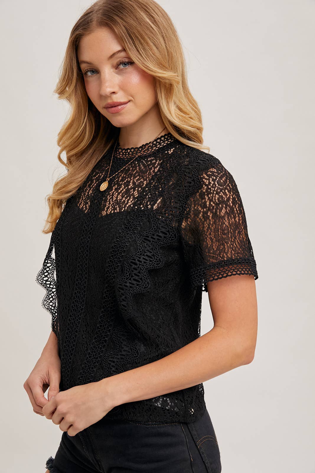 Mock Neck Button Back Lace Top With Lining