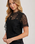 Mock Neck Button Back Lace Top With Lining