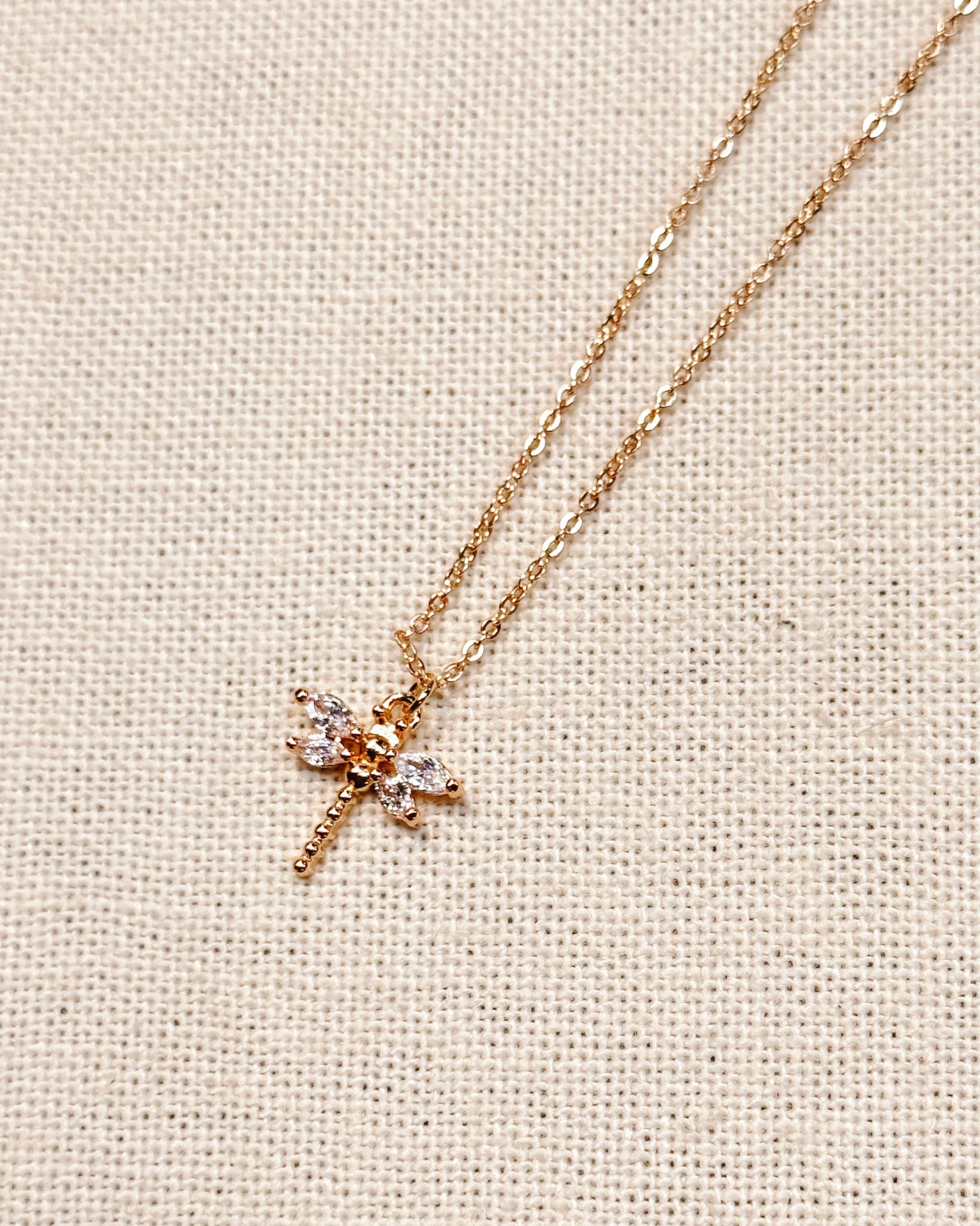 CZ Mini Dragonfly Charm Necklace Gold