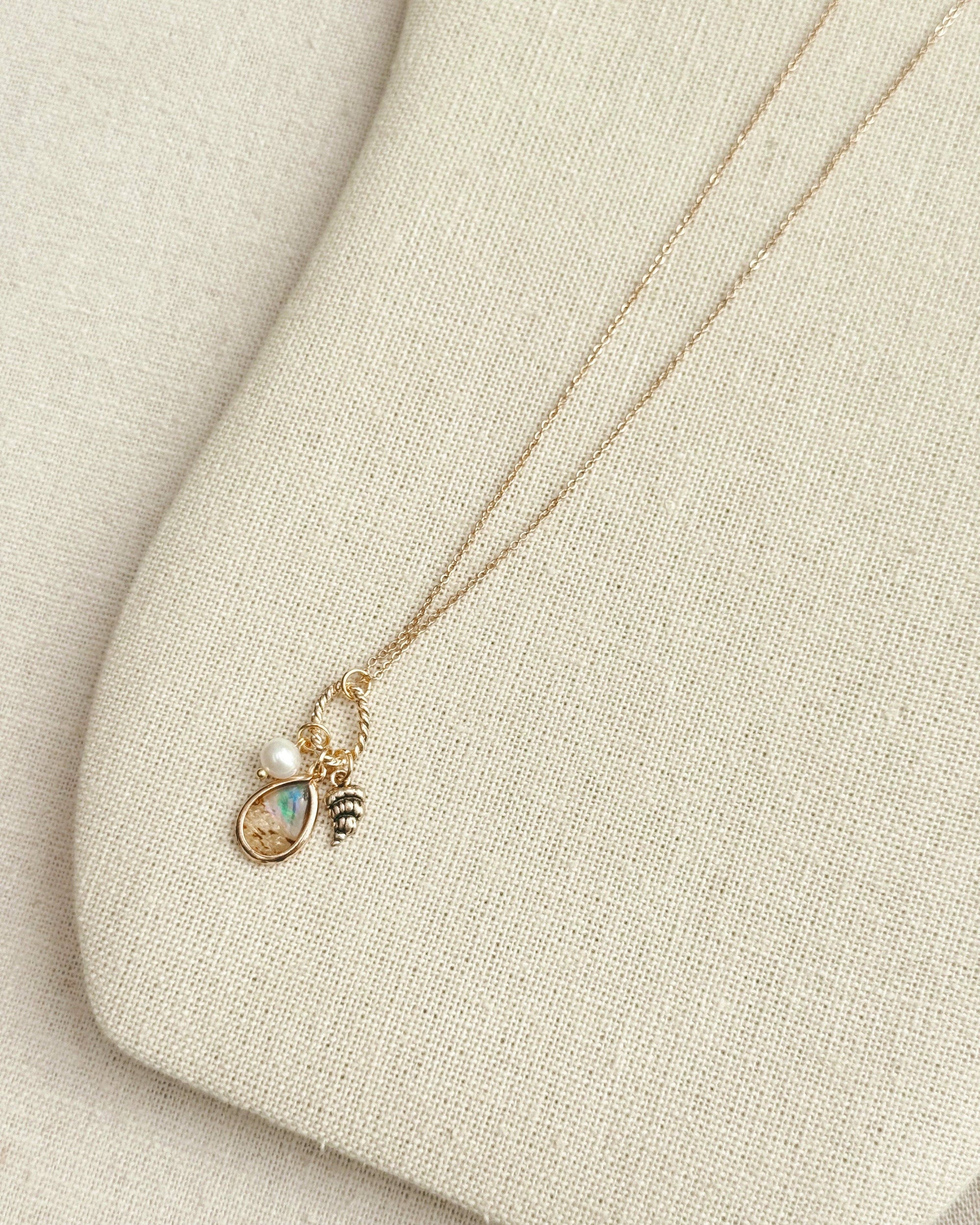 Gold Abalone Shell Charm Pearl Necklace