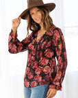 Rose Floral Print Clip Dot Long Sleeve Blouse