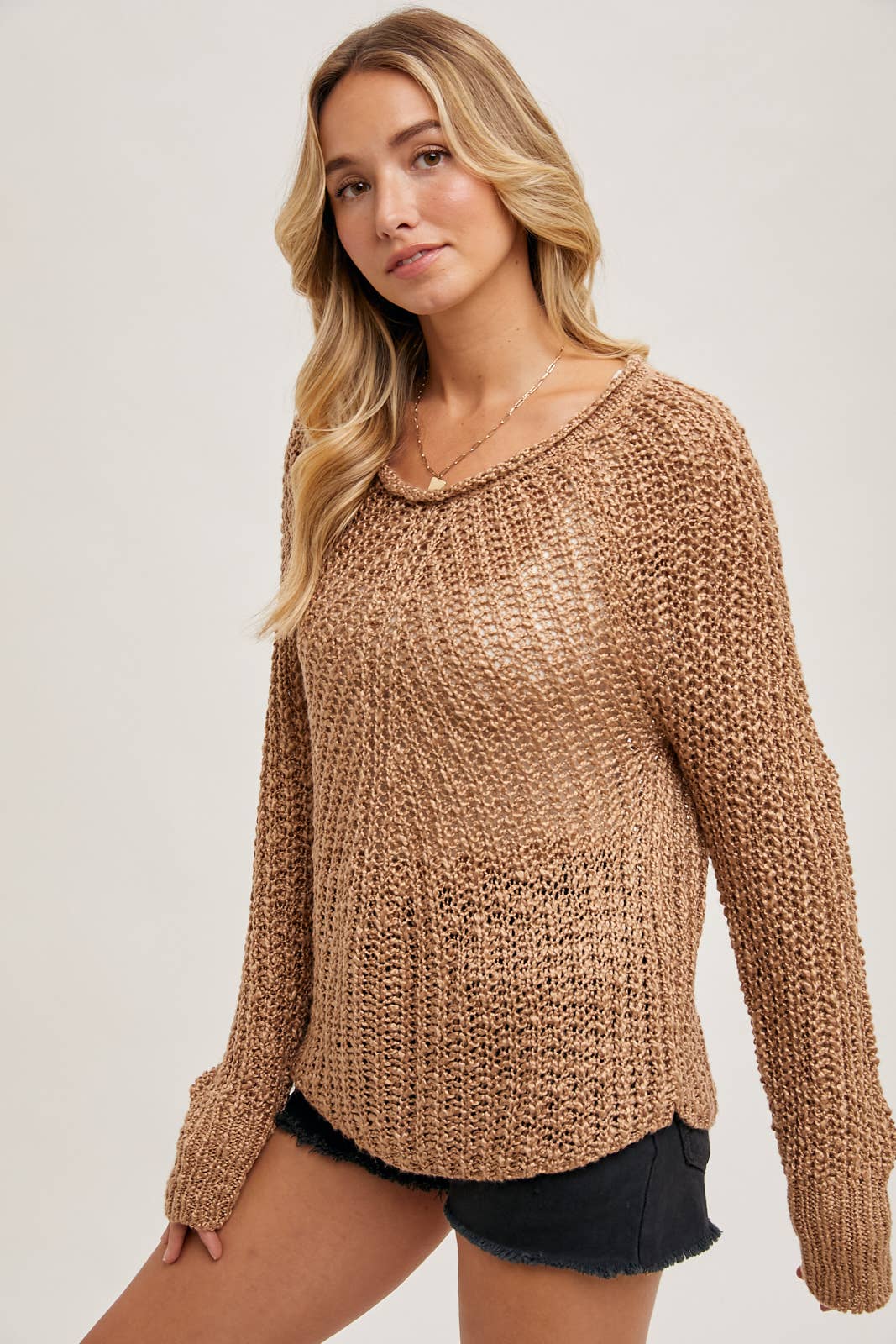 Raglan Cut Open Knit Sweater Pullover