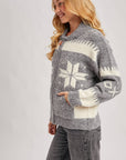 FAIR ISLE FUZZY KNIT FRONT ZIPPER CARDIGAN