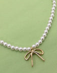 Pearl Chain Bow Charm Necklace