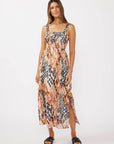 Smocked Ikat Cross Over Back Midi Dress with Slits