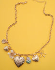 Charm Necklace-heart Locket Porcelain Flower Bow