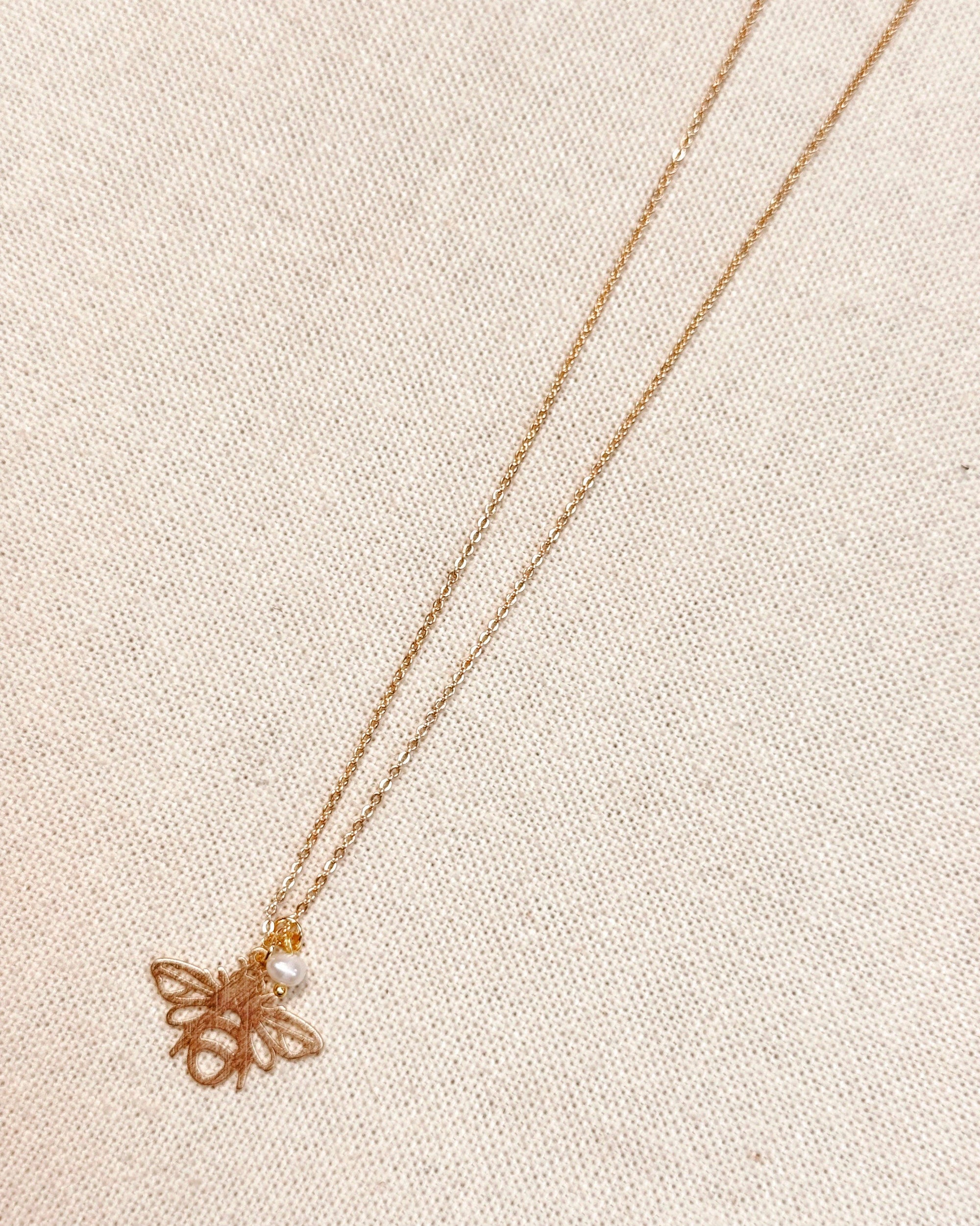 Textured Brass Bee Gold Charm Necklace