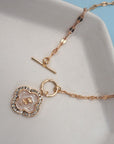 Rhinestone Rose Flower Pearl Charm Toggle Necklace