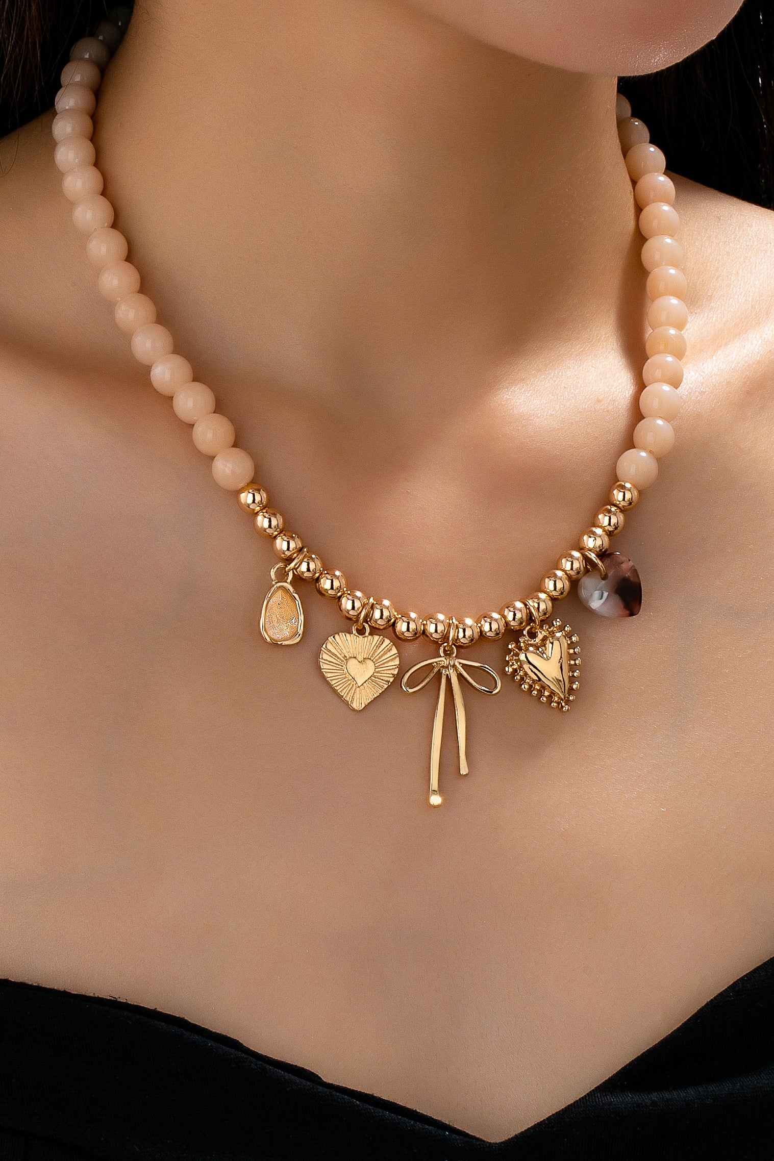 Beige Beaded Bow Heart Rhinestone Charm Necklace